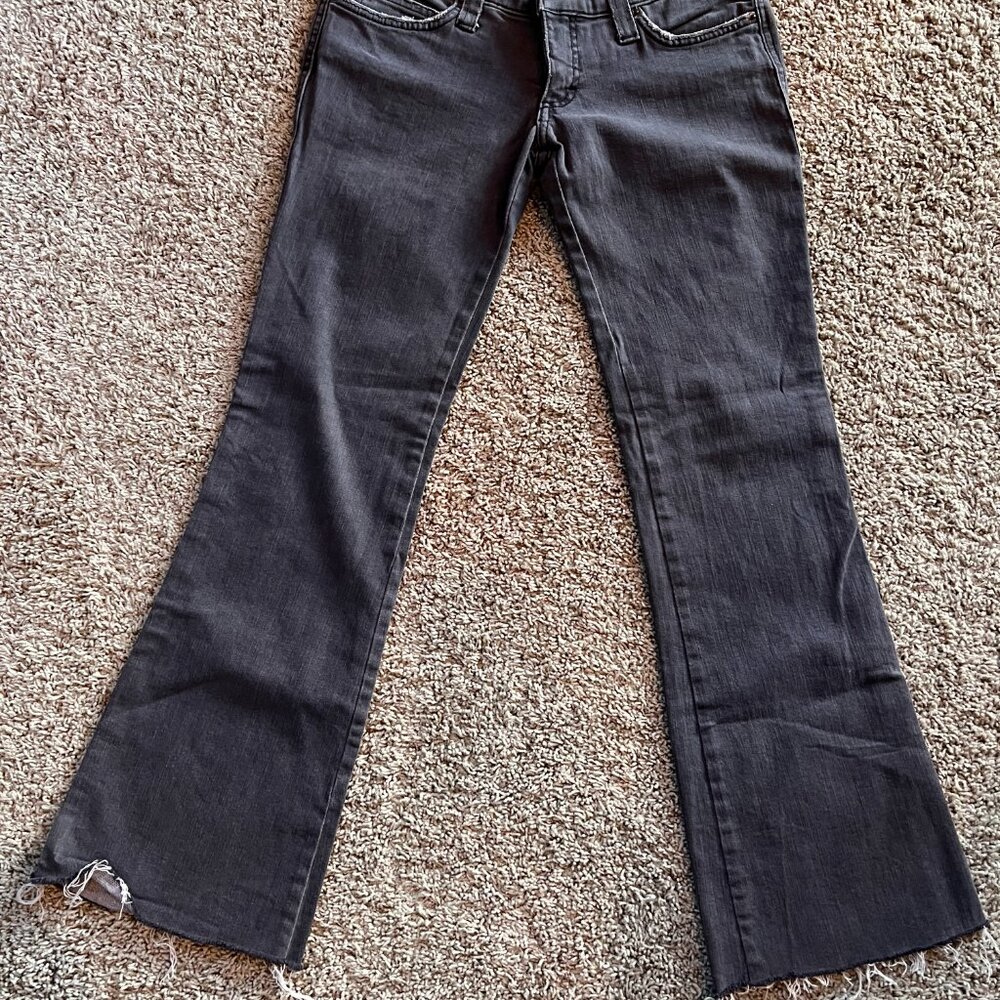 Y2K Frankie B Denim Size 6 Low Waist Flare Jeans Dark Wash Fringe Hem - Picture 3 of 3